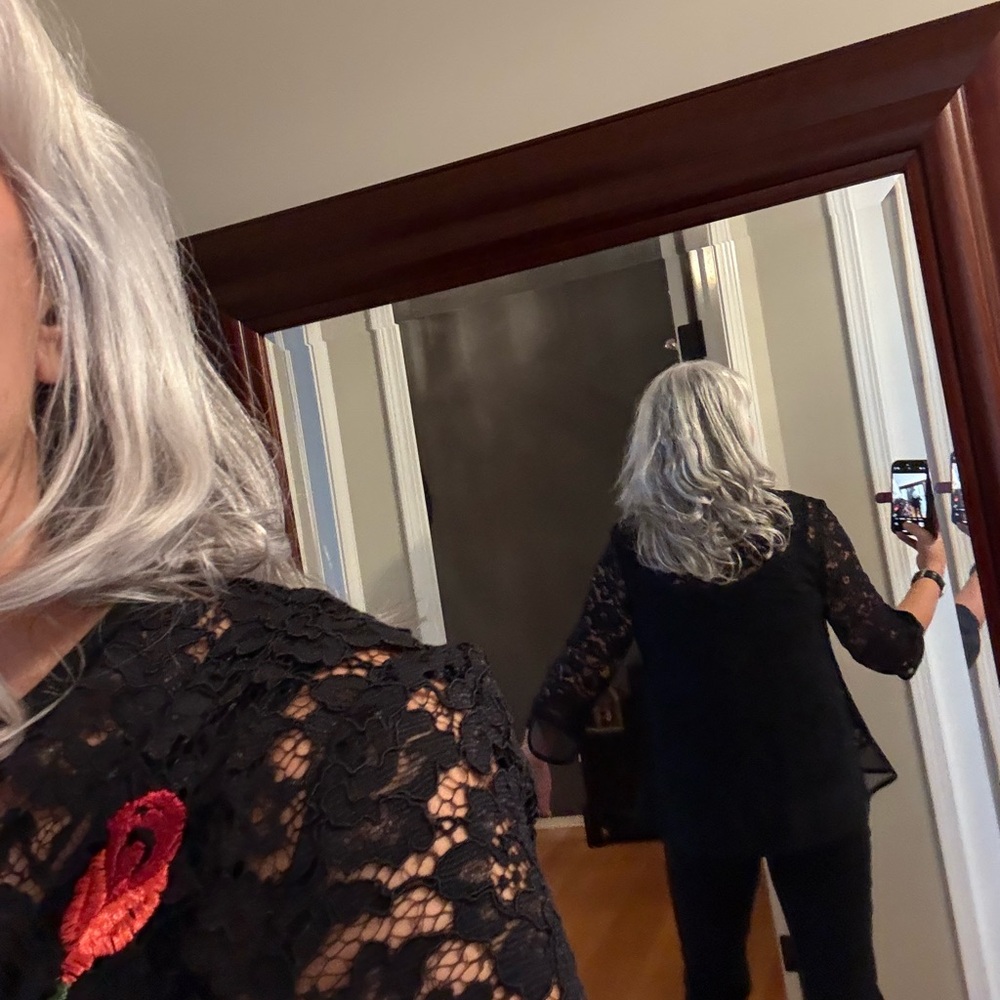 Joseph Ribkoff Black Lace Jacket with Red and Green Floral Design - Picture 6 of 7